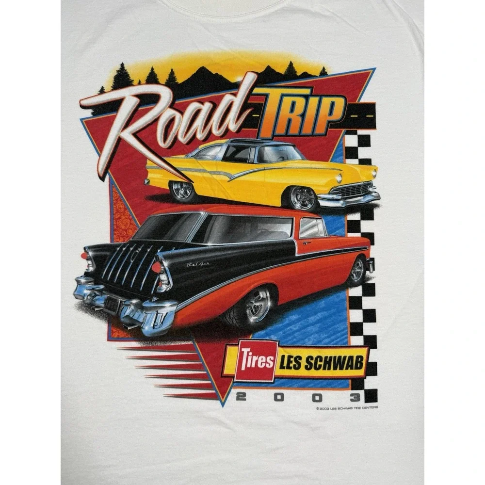 Vintage Y2K Road Trip Tires Les Schwab Graphic Print T-Shirt White‎ Mens XL Car